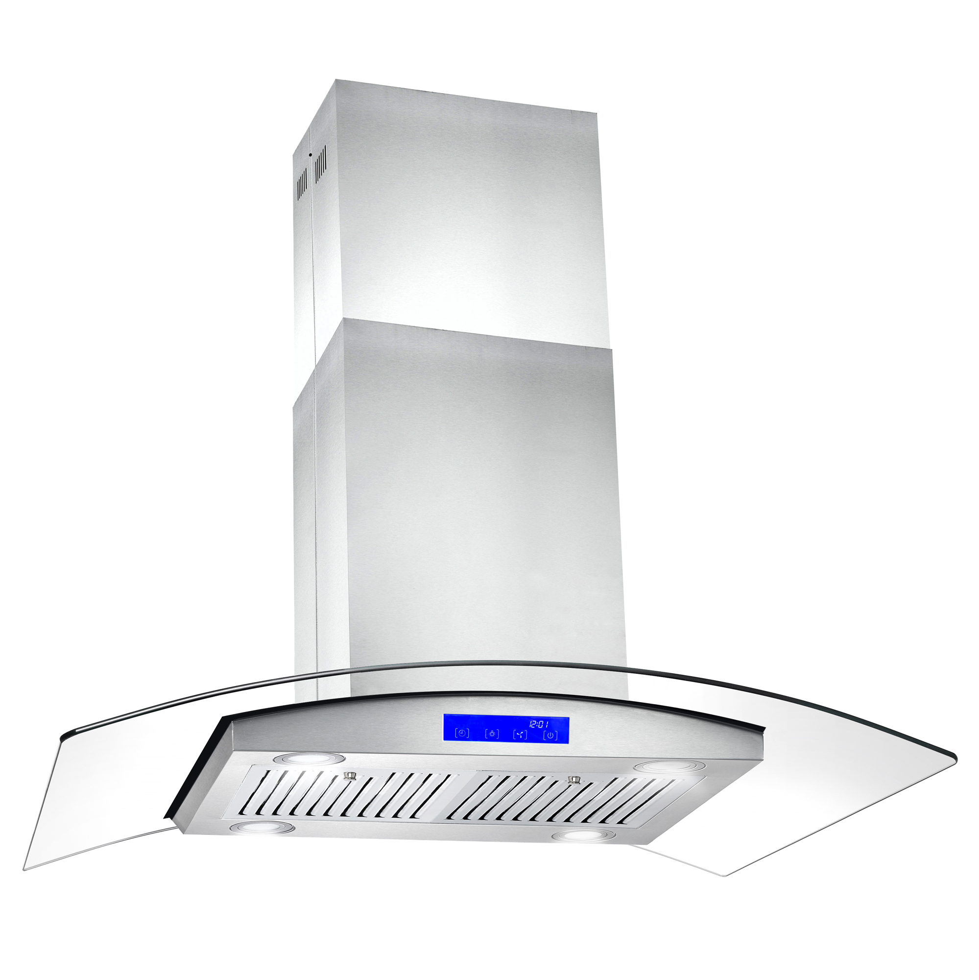 Ductless 36″ Stainless Steel Island Range Hood with Glass Canopy and ...