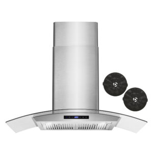 Ductless 36" Stainless Steel Wall Mount Range Hood with Glass Canopy, Digital Touch Controls and Dishwasher Safe Permanent Filters (COS-668WRCS90-DL)